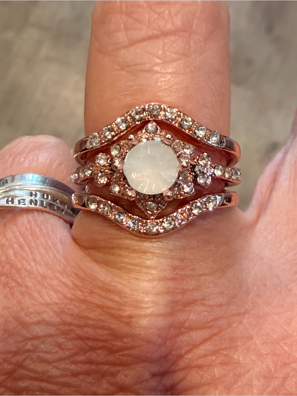 Rose Gold Opal Halo Stackable Ring with Clear Crystals size 9